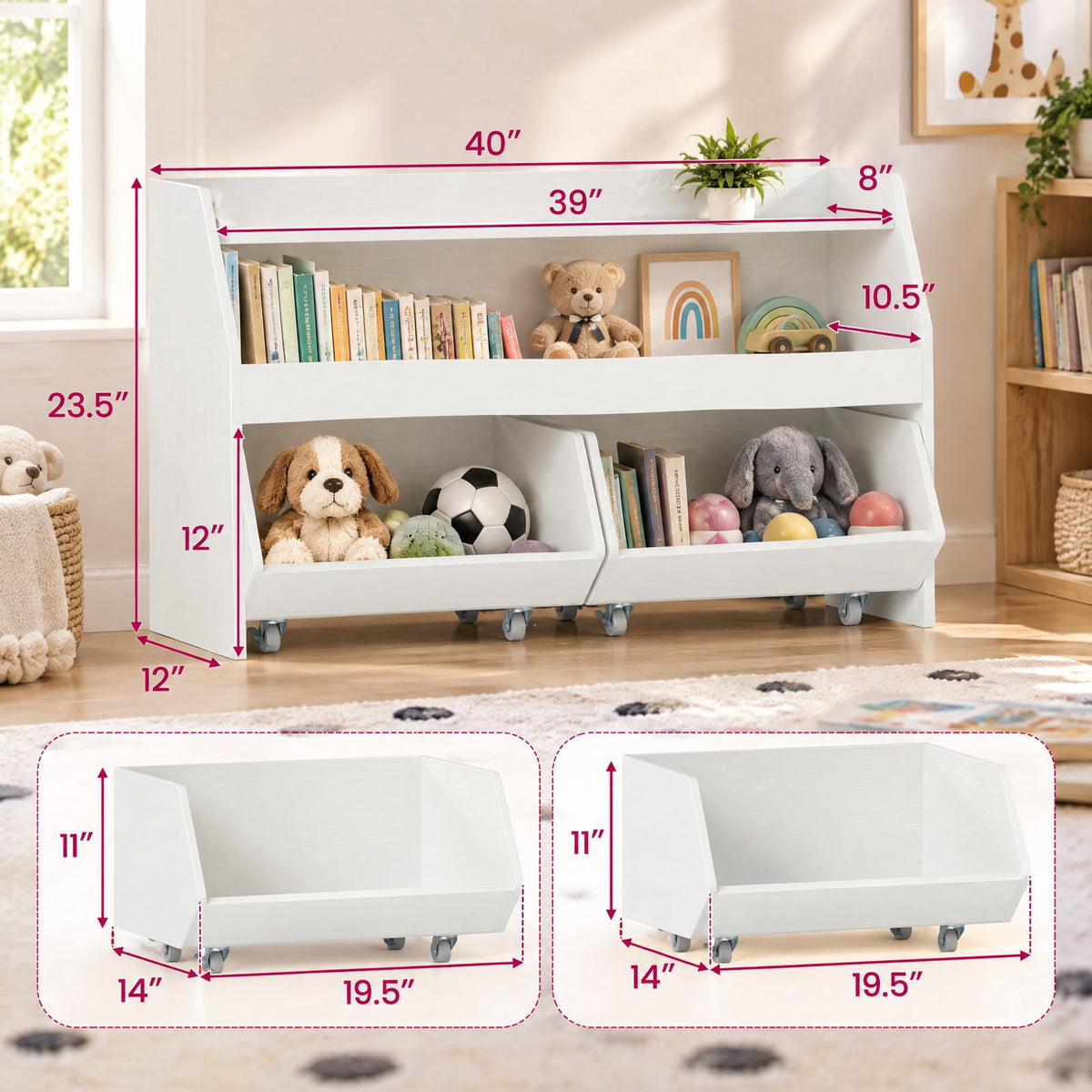 Airfind Kids Toy Storage Organizer Wooden Bookcase with 2 Movable Drawers, 176 lbs Capacity, Engineered Wood Frame, for 3+ Years Old Total, White