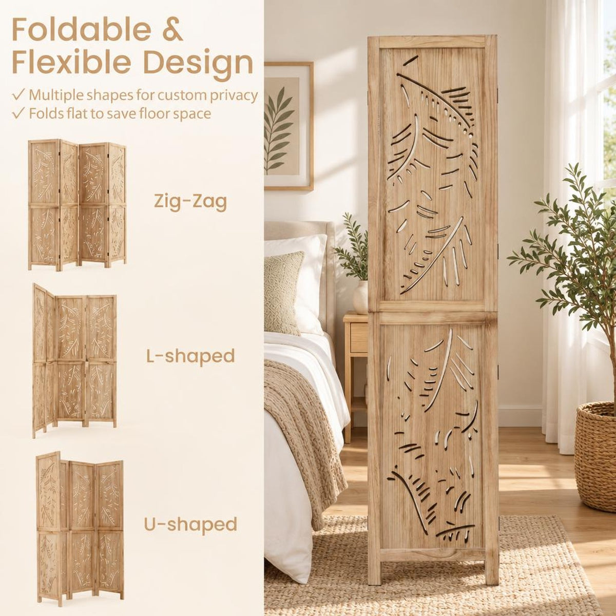 Airfind 4-Panel Wooden Room Divider with Palm Leaf Design and Paulownia Frame for Home, 67in x 16in x 3.5in Footprint, Natural
