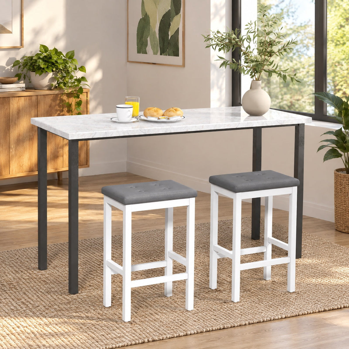 Airfind 24 Inch Bar Stools with Padded Seat Footrest and Rubber Wood, 330 Lbs Capacity, Rubber Wood Sponge PVC Leather Plywood, Gray