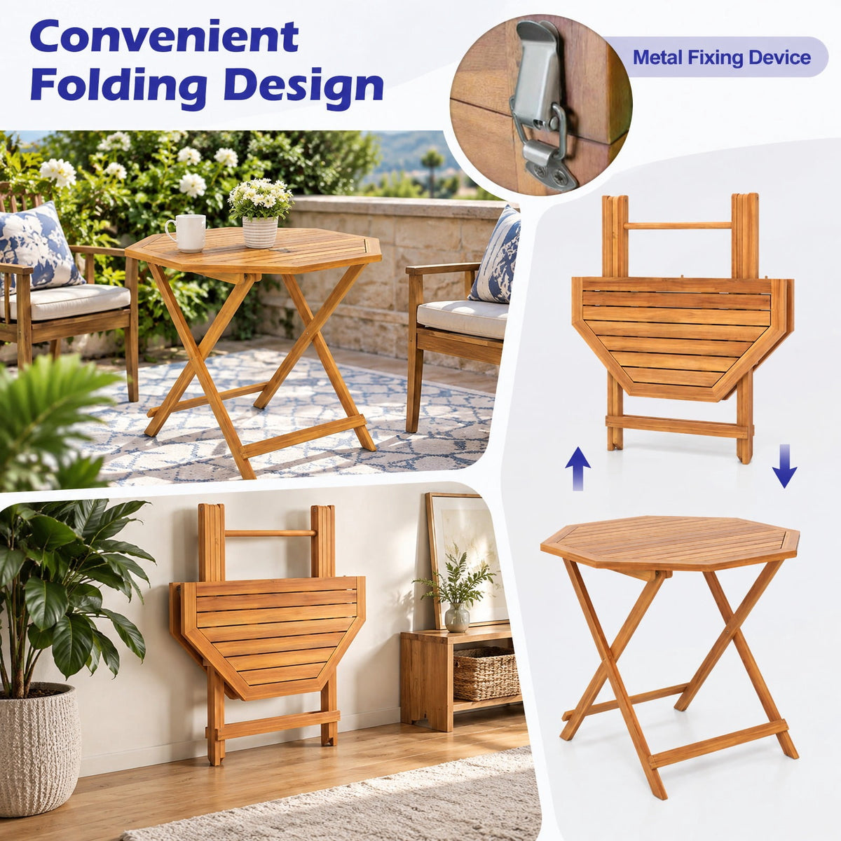 Airfind Acacia Wood Outdoor Folding Dining Table for 4 Octagonal with Slatted Tabletop, 37.5 Inch x 37.5 Inch x 29.5 Inch Folding Footprint, Wood