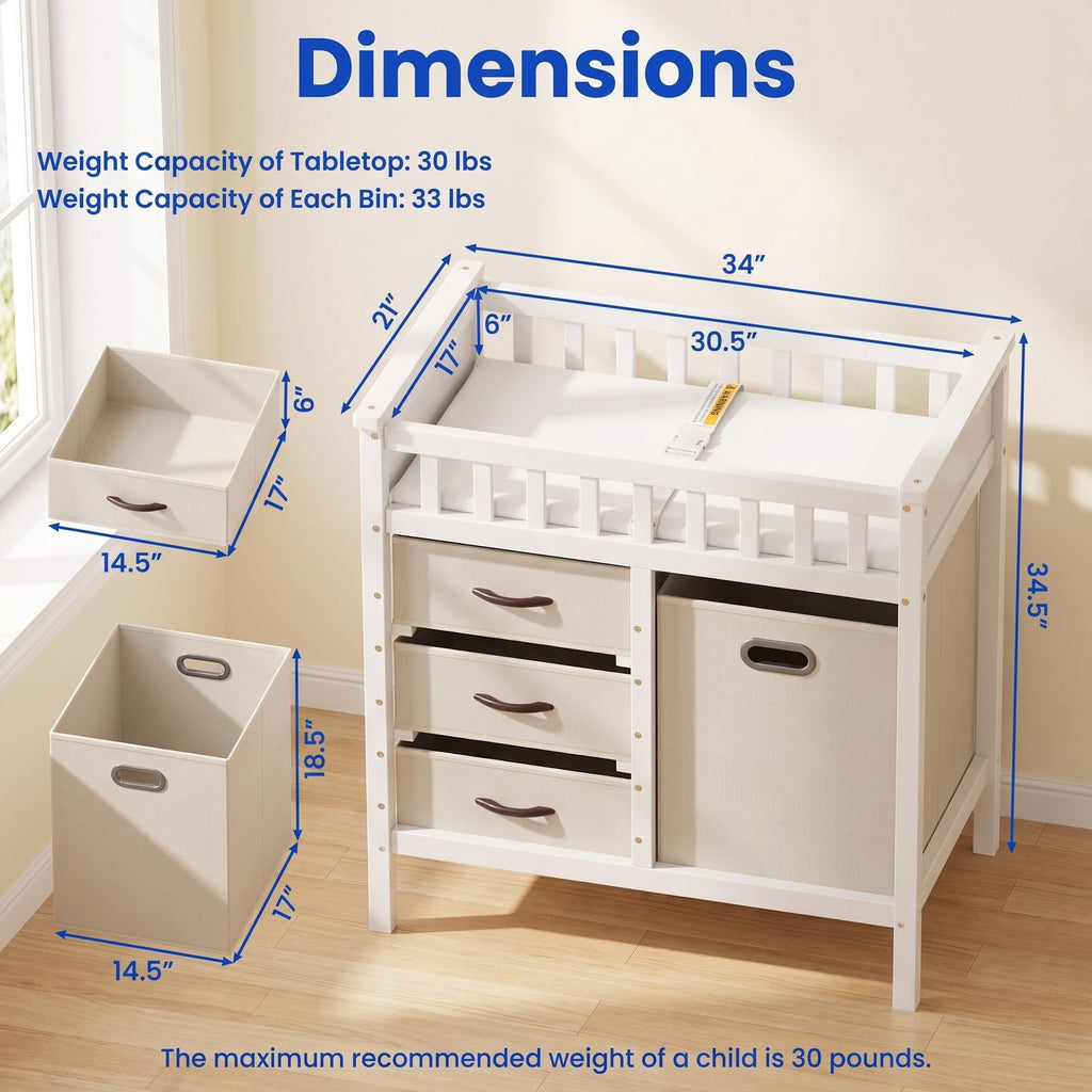 Airfind Wooden Baby Changing Table Diaper Changing Station with 3 Fabric Storage Drawers, 30 lbs Capacity, Engineered Wood Pine PEVA Foam Frame