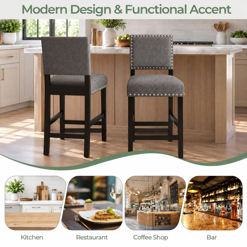 Airfind 38.5/43.5 Inch Set of 2 Counter Height Chairs with Solid Rubber Wood Frame, 330 lbs Capacity, Rubber Wood Linen Fabric Sponge Metal Frame