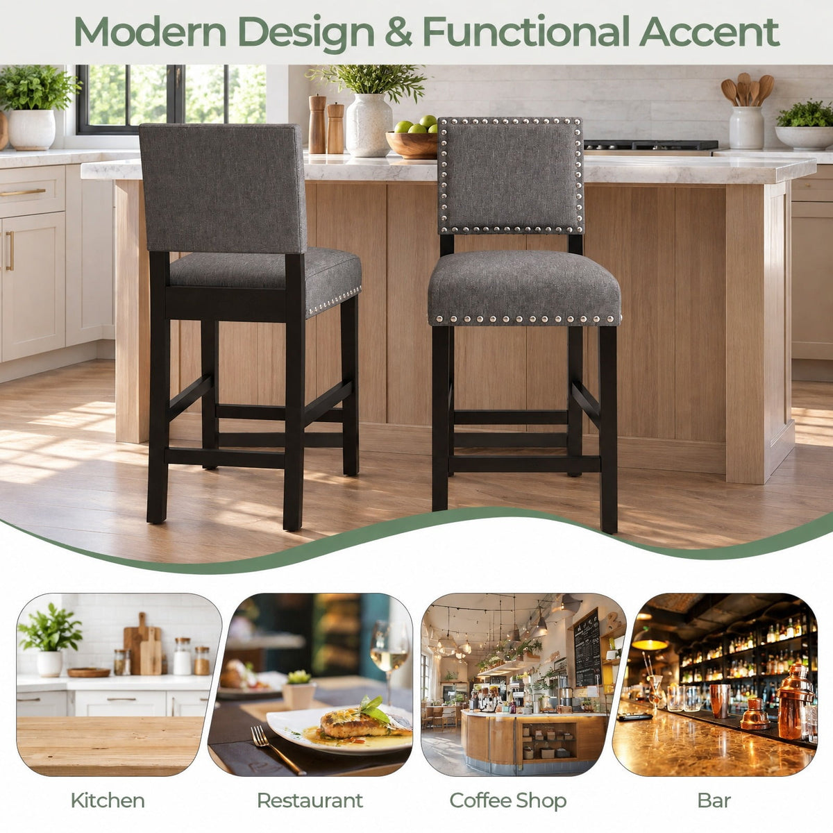 Airfind 38.5/43.5 Inch Set of 2 Counter Height Chairs with Solid Rubber Wood Frame, 330 lbs Capacity, Rubber Wood Linen Fabric Sponge Metal Frame