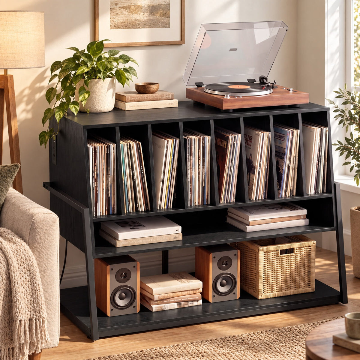 Airfind Turntable Stand with Charging Station and Vinyl Storage Shelves, 44 lbs Capacity, Engineered Wood MDF Metal Frame, Black