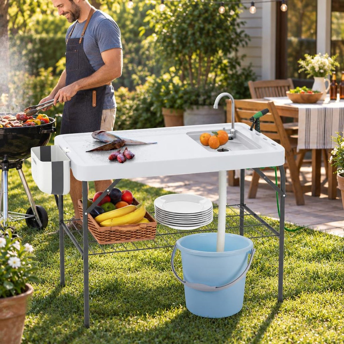 Airfind 2 in 1 Folding Fish Cleaning Table with Sink and Faucet for Patio BBQ, 330 lbs Capacity, HDPE Metal Stainless Steel Frame, White+Black