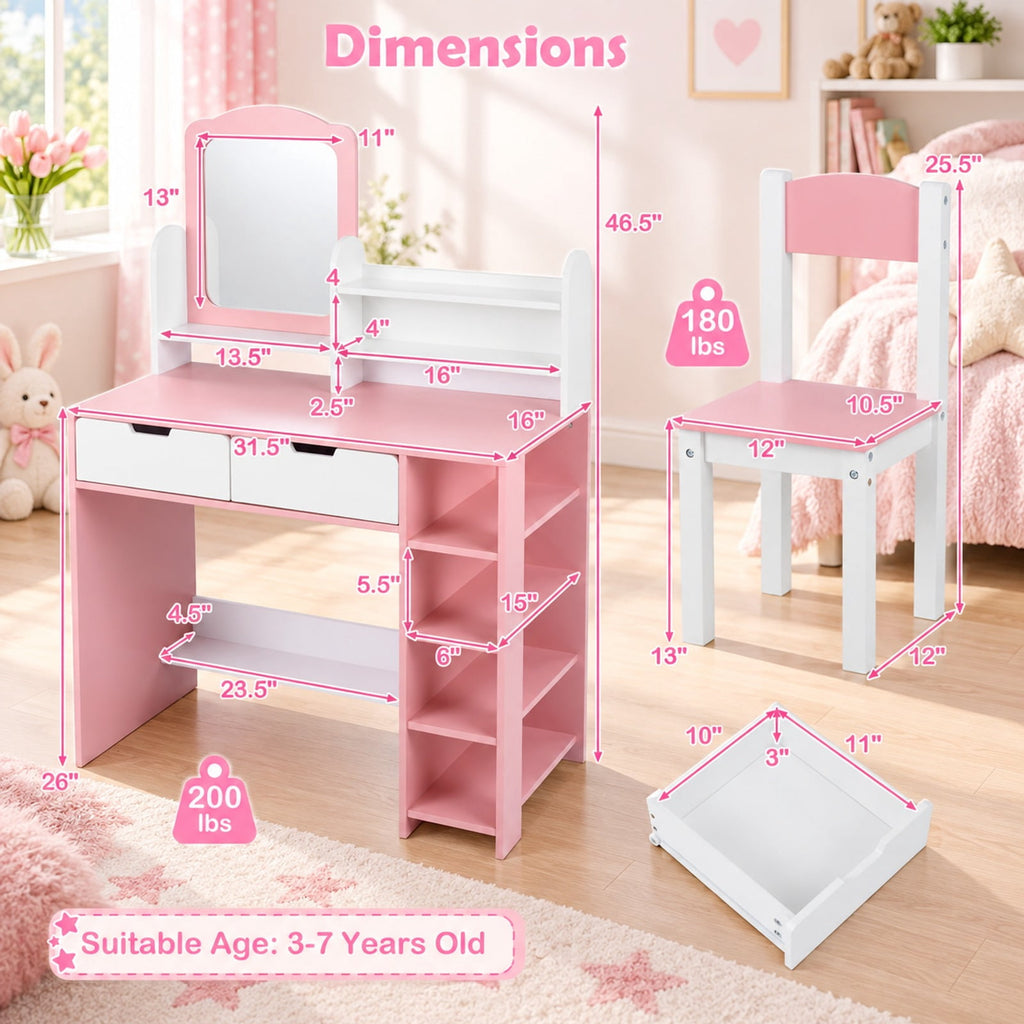Airfind Kids Vanity Set with Chair and Mirror Makeup Dressing Desk with Storage Shelves and Drawers-White and Pink, 200 lbs Capacity, MDF Glass Frame