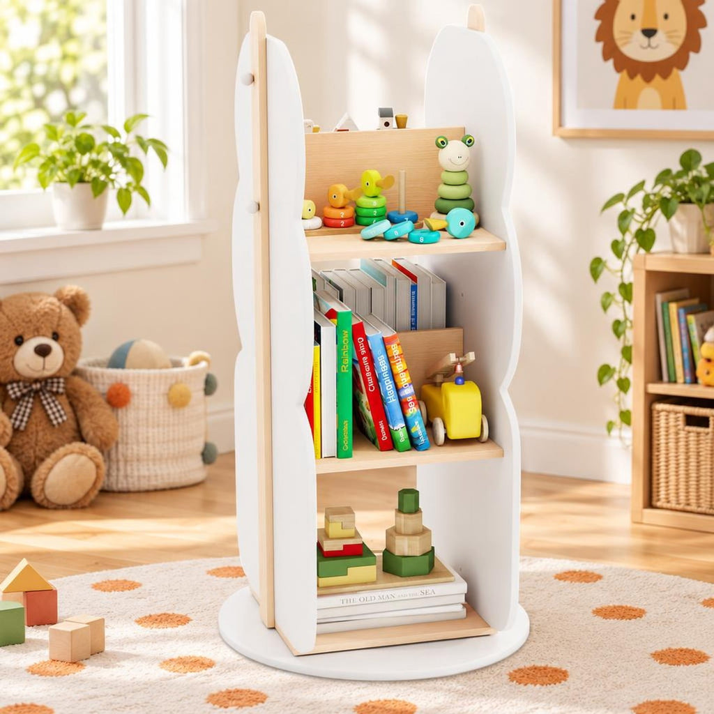 Airfind 360° Kids Rotating Bookshelf Toy Storage Organizer with 5 Shelves, Engineered Board Frame, White