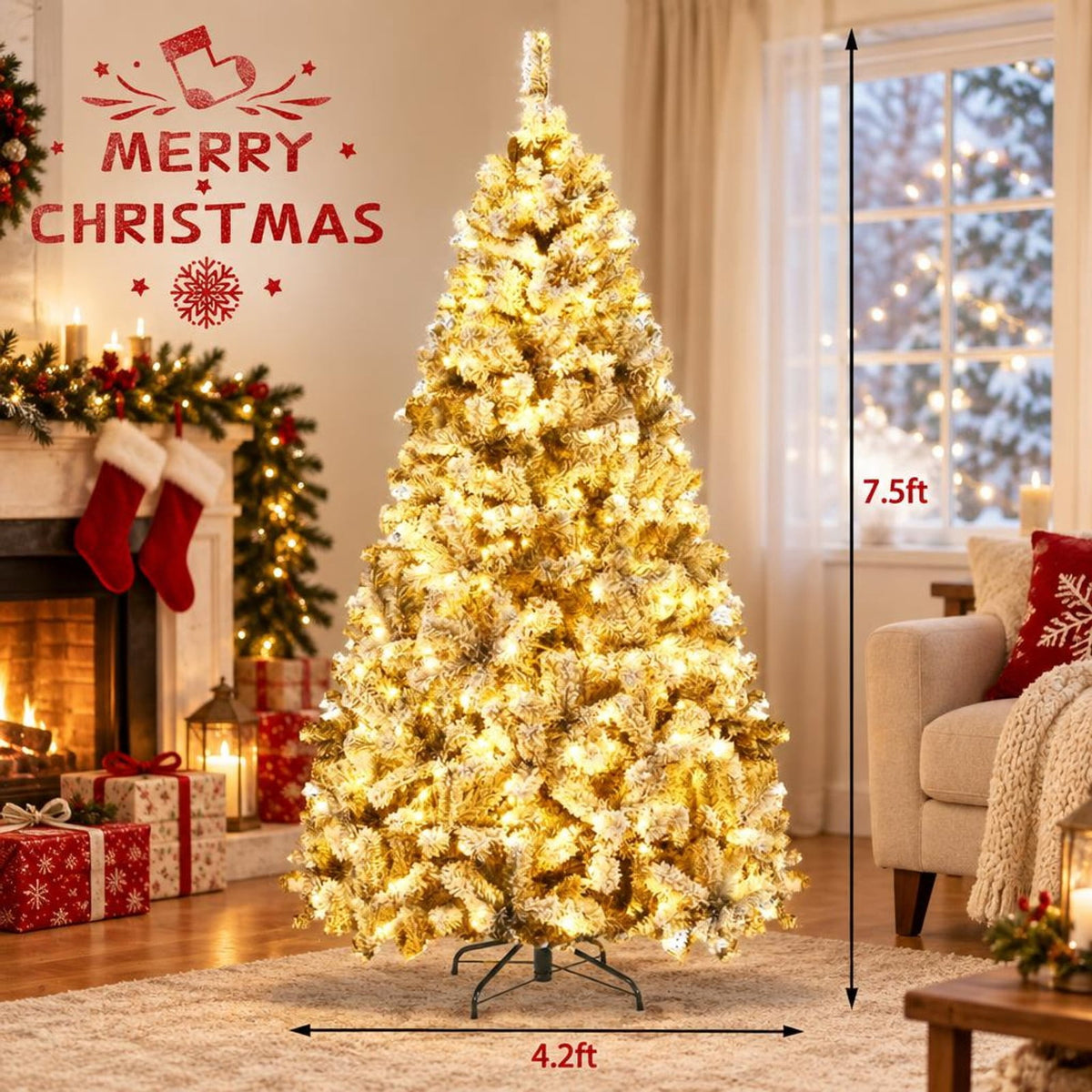 Airfind Pre-Lit Premium Snow Flocked Hinged Artificial Christmas Tree-7.5 ft, White and Green, True-to-life appearance with wintry flocking