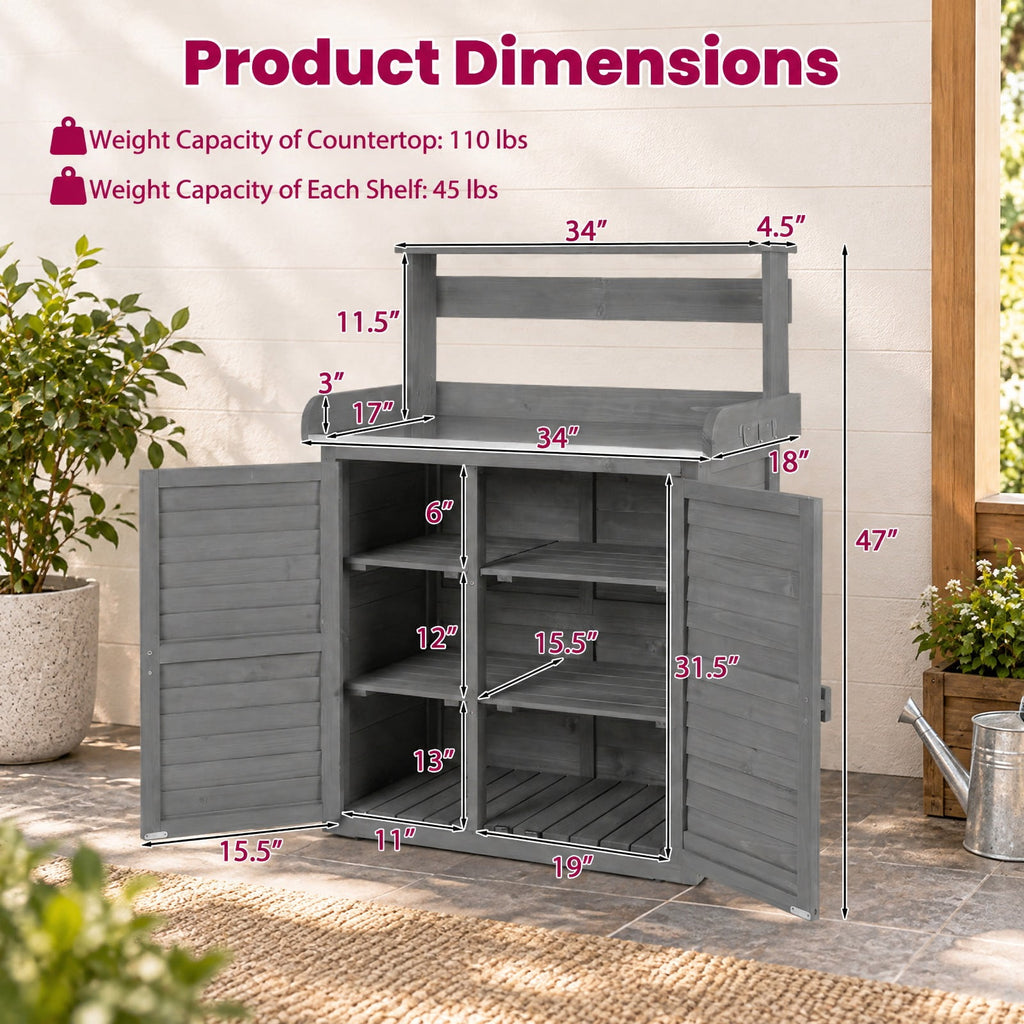 Airfind Wood Plant Workstation with Stainless Steel Tabletop and Removable Shelves, 110 lbs Storage Shelf Capacity, Fir Wood Stainless Steel Frame