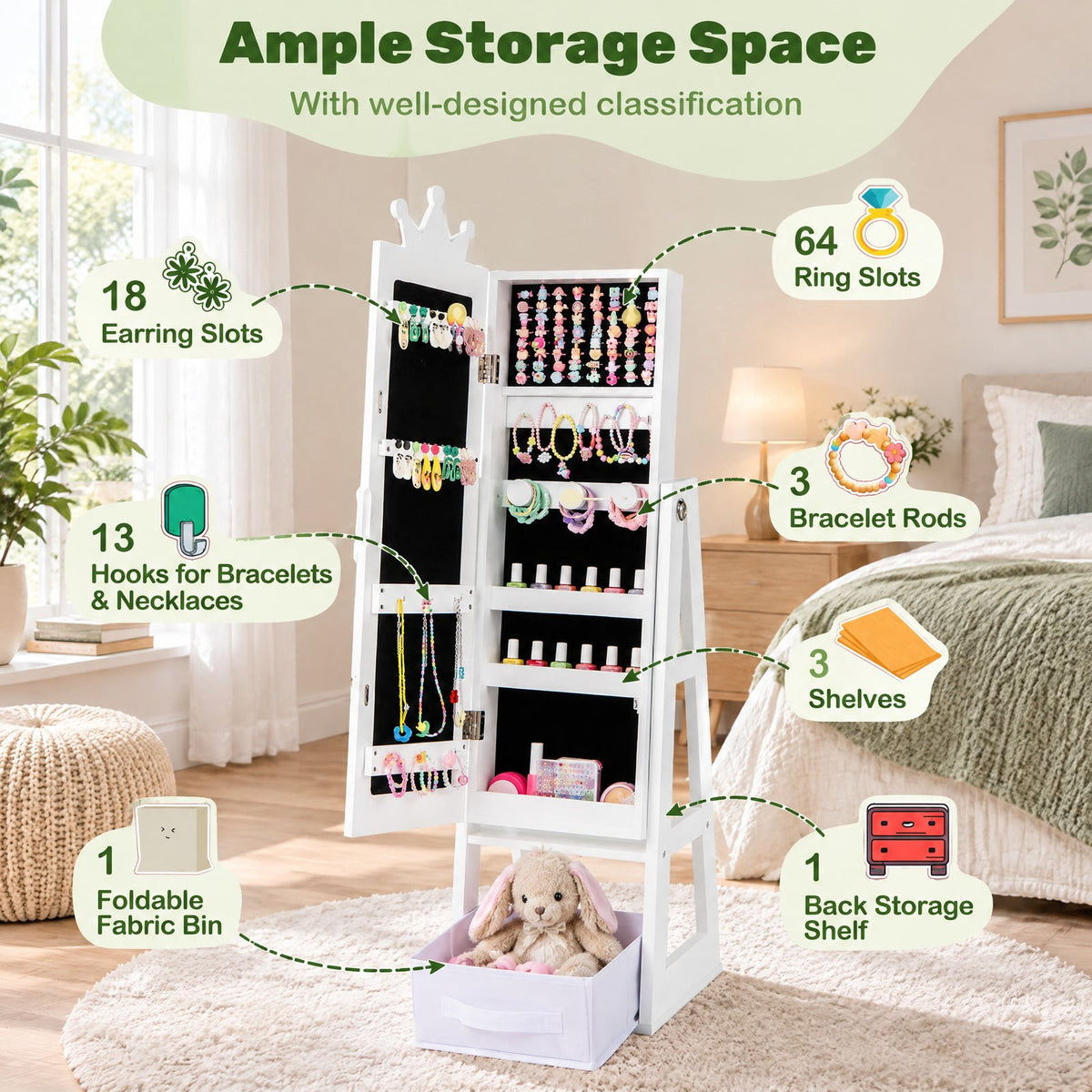 Airfind Free-Standing Full Length Kids Jewelry Armoire Cabinet with Storage Capacity, MDF Frame, 12.5 Inch x 12 Inch x 45.5 Inch Footprint, White