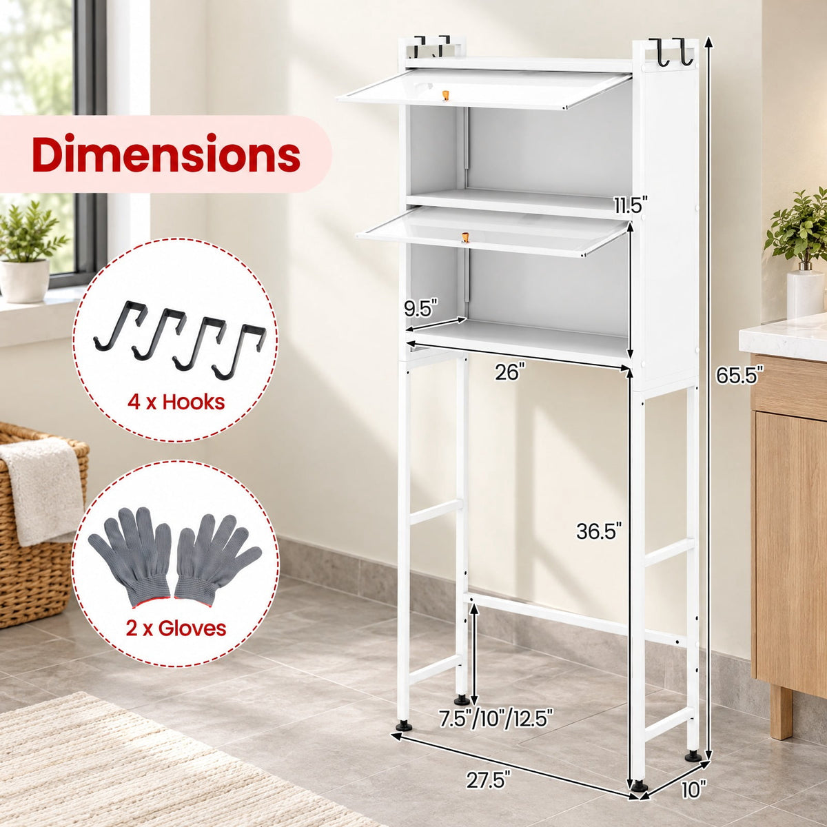 Airfind Over-the-toilet Cabinet Bathroom Organizer with 2 Flip-up Cabinets, 33 Lbs Capacity, Carbon Steel PC Plastic, White
