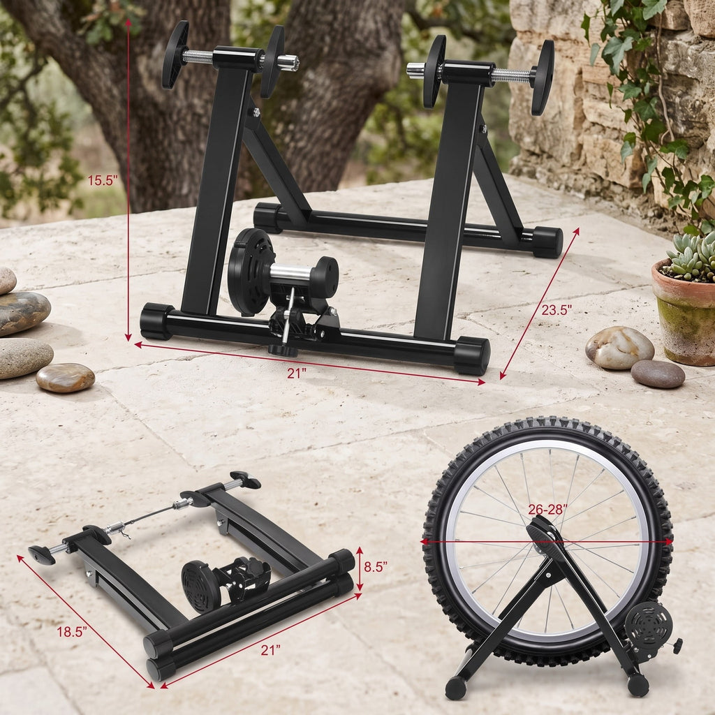 Airfind Portable Folding Steel Bike Trainer Stand, Indoor Exercise Cycling Training Frame with Front Wheel Riser Block and Quick Release for 26-28 Inch Wheels, Black