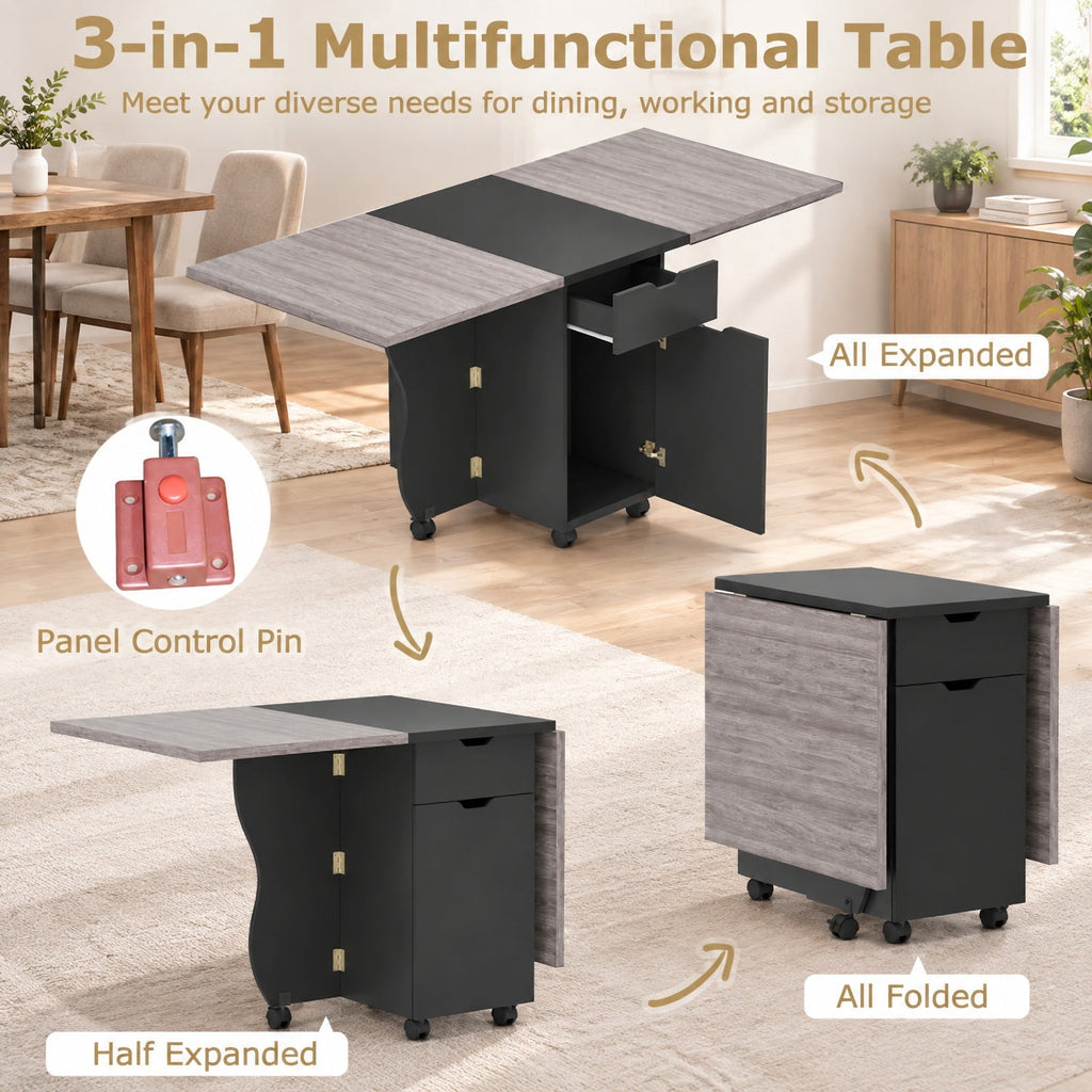 Airfind Folding Dining Table 3-in-1 Space-Saving Drop Leaf Kitchen Table with Lockable Wheels, 60 kg Capacity, 63.2 x 27.6 x 29.5 Footprint