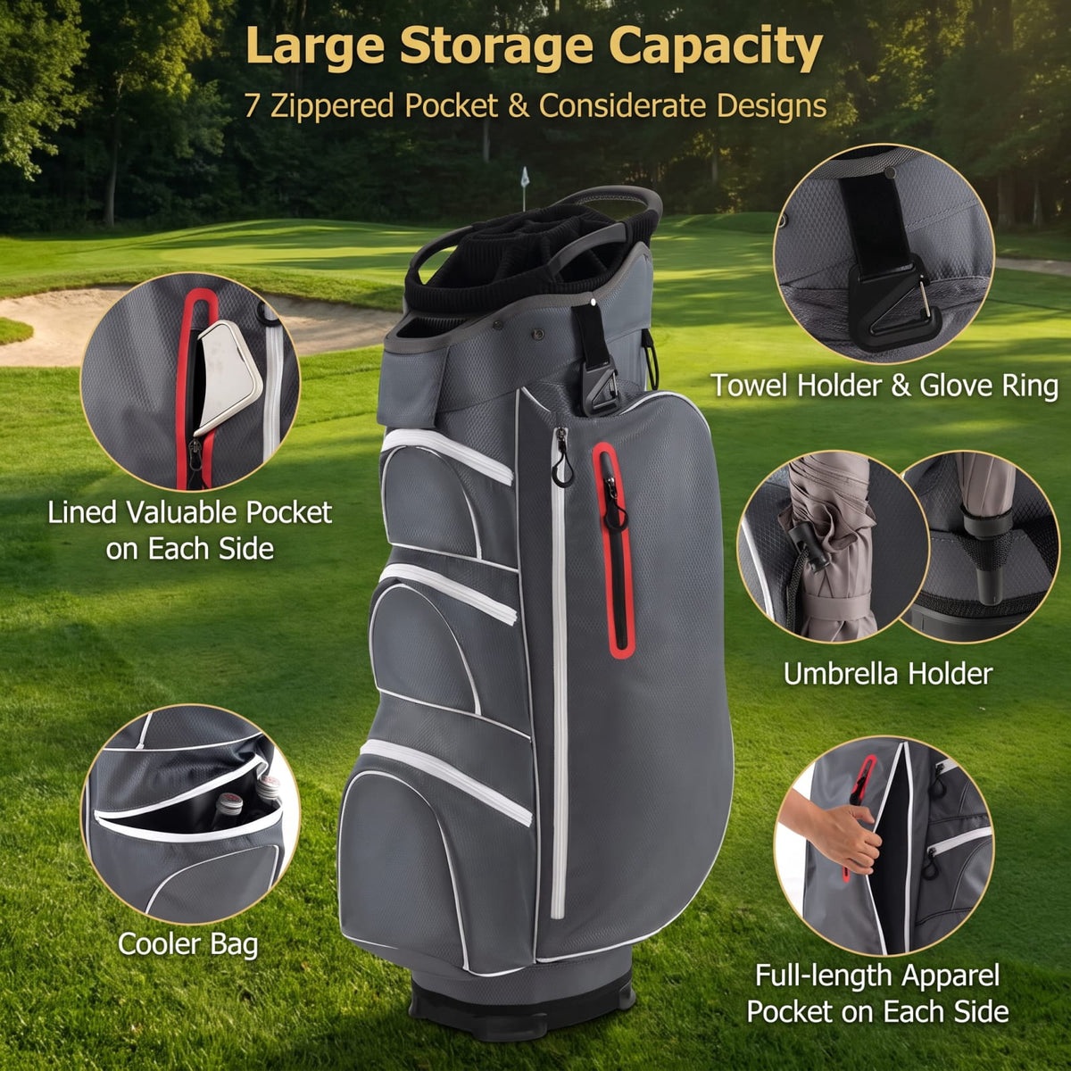 Airfind 9.5 Inch Lightweight Golf Cart Bag with 15 Way Top Dividers and 7 Zippegary Pockets and Cooler Bag and Rain Hood, Gray