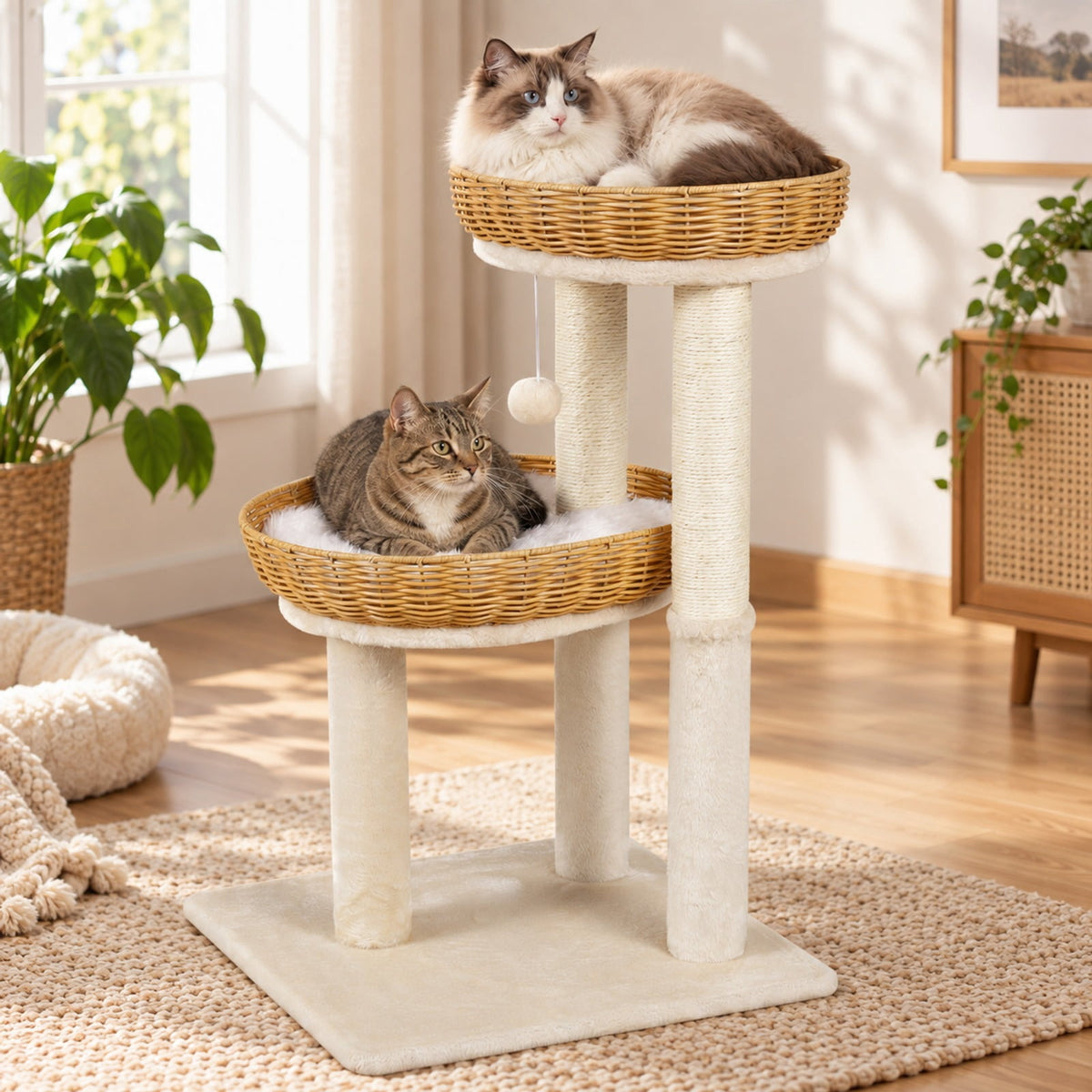 Airfind 30-Inch Cat Tower with 2 Rattan Cat Baskets for Indoor Kittens, 33 lbs Capacity, Engineered Wood Metal Sisal PE Rattan Fabric Frame, Beige