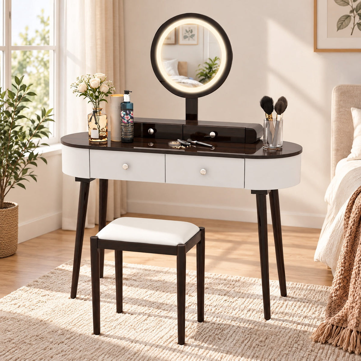 Airfind Dressing Vanity Table Set with LED Mirror and 4 Drawers, 170 lbs Capacity, MDF Frame, 47 Inch x 16.5 Inch x 56 Inch Footprint, White