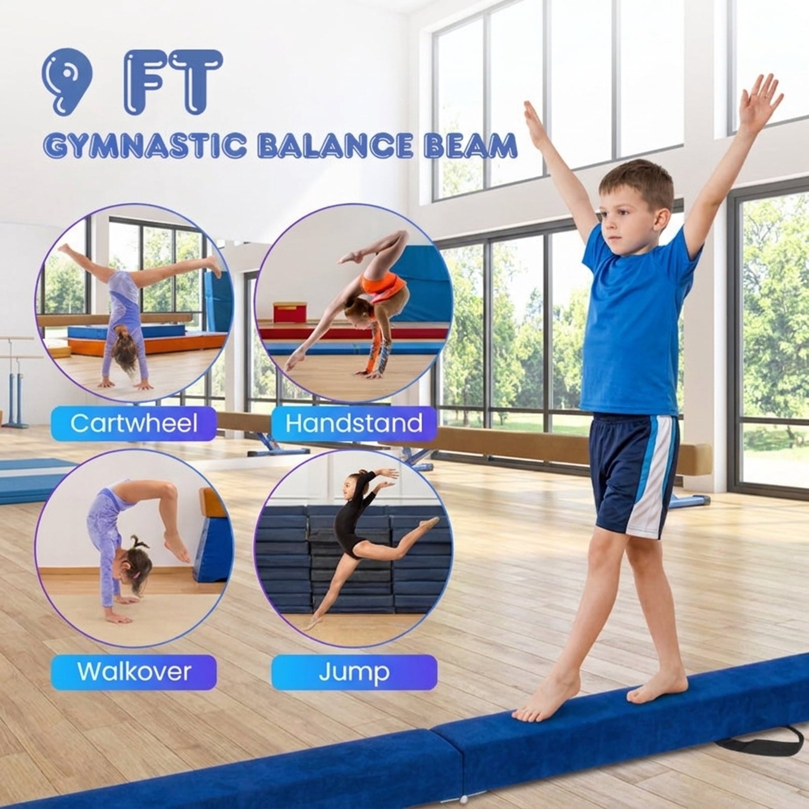 Airfind 9 ft Folding Gymnastics Balance Beam with Suede Cover, Pine Wood Core and Non-Slip Mat, Blue