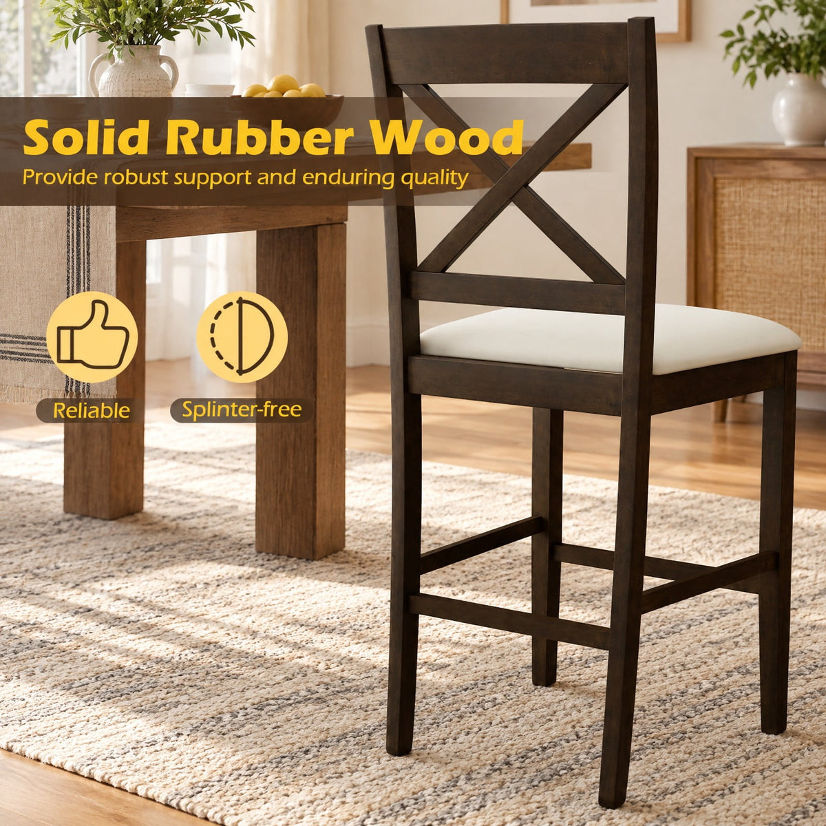 Airfind Set of 2 X-Back Bar Stools with Upholstered Cushioned Seats, 330 lbs Capacity, Rubber Wood Linen Fabric Sponge Frame, Brown