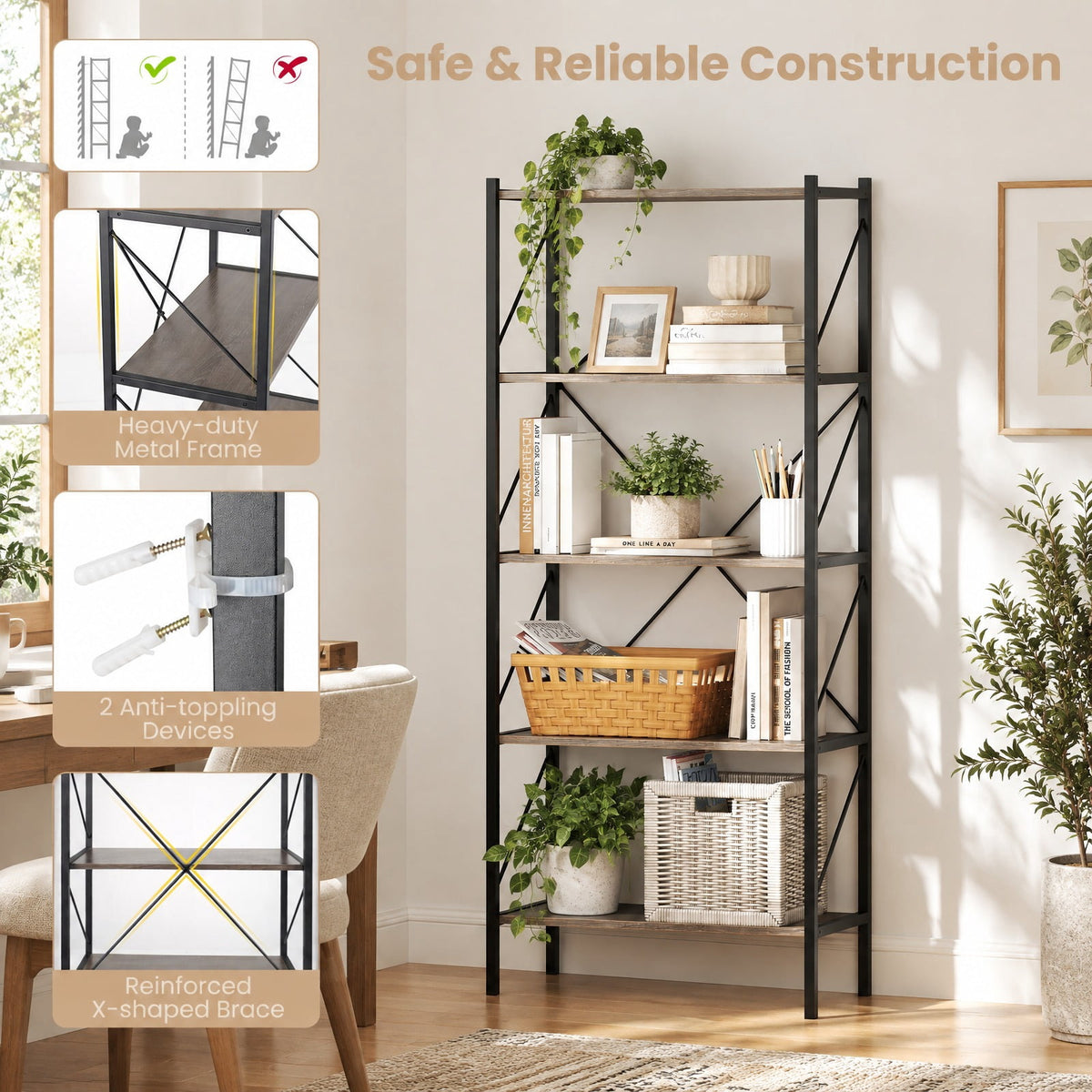 Airfind 5-Tier Bookshelf with Open Shelves and Heavy Duty Metal Frame, 220 lbs Capacity, Metal Engineered Wood Frame, Gray