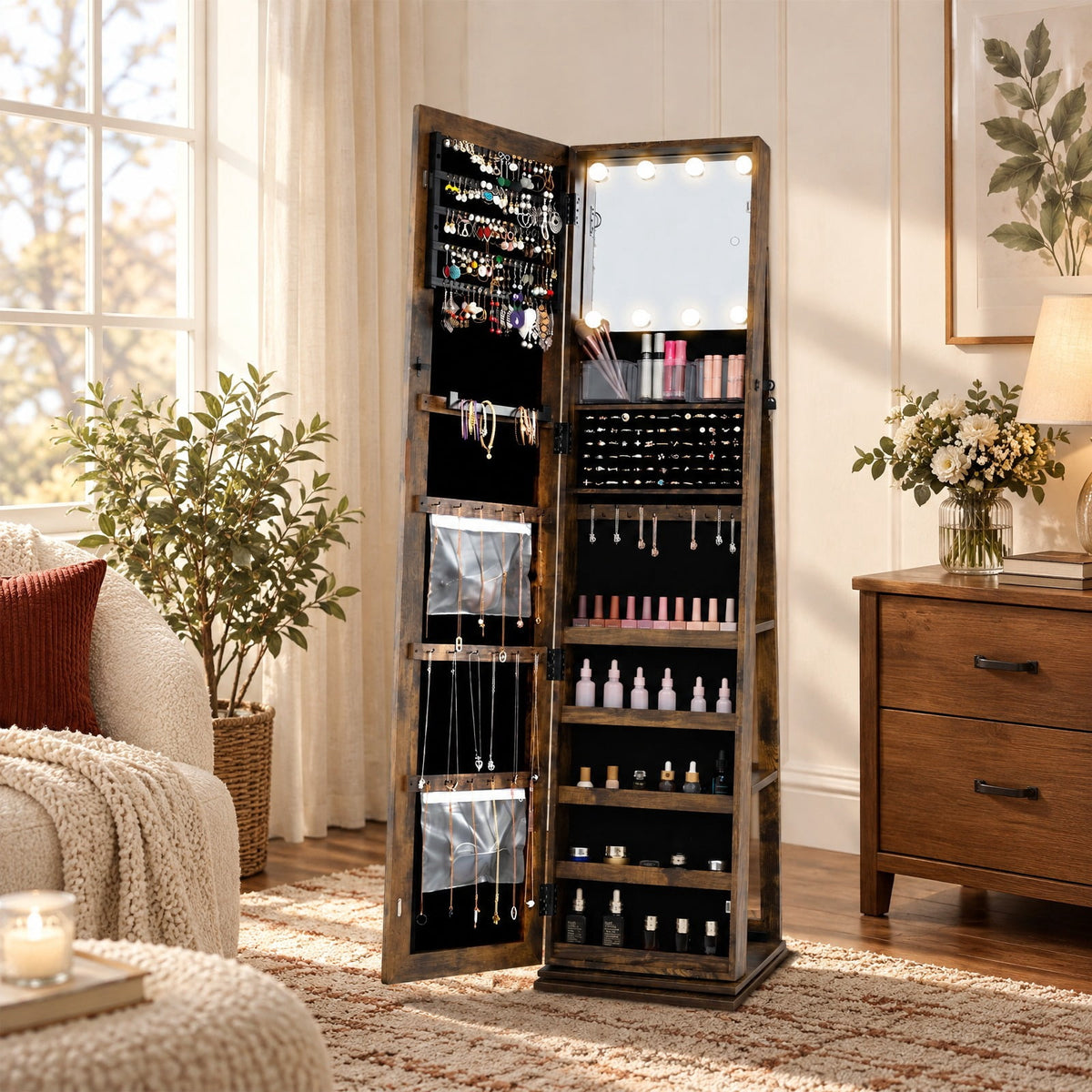 Airfind 360° Swivel Jewelry Cabinet with Full Length Mirror, MDF Frame, Brown, Open storage shelves for easy reach