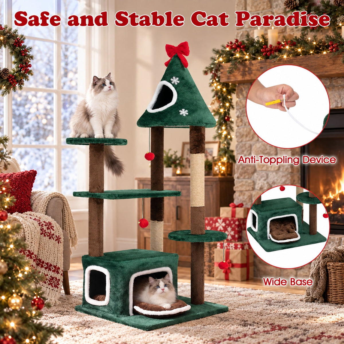 Airfind 54Christmas Cat Tree with 2 Condos and Removable Cushion, 22 lbs Capacity, Engineered Wood Frame, 30 x 24.5 x 54 Footprint, Green