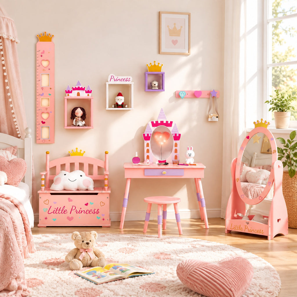 Airfind Kids Princess Vanity Table and Stool Set with Drawer and Mirror, 66 lbs Capacity, MDF Silver Frame, for 3+ Years old, Pink