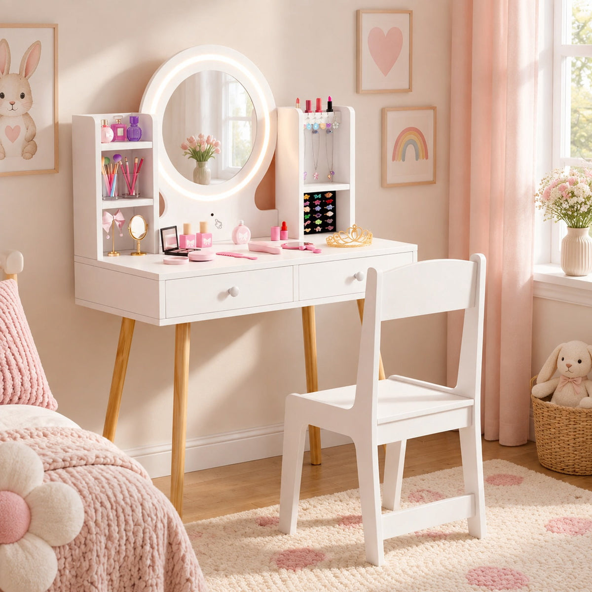 Airfind Kids Vanity Set with Lighted Mirror and Storage Drawers, 110 lbs Capacity, Engineered Wood Frame, for 3+ years old, White