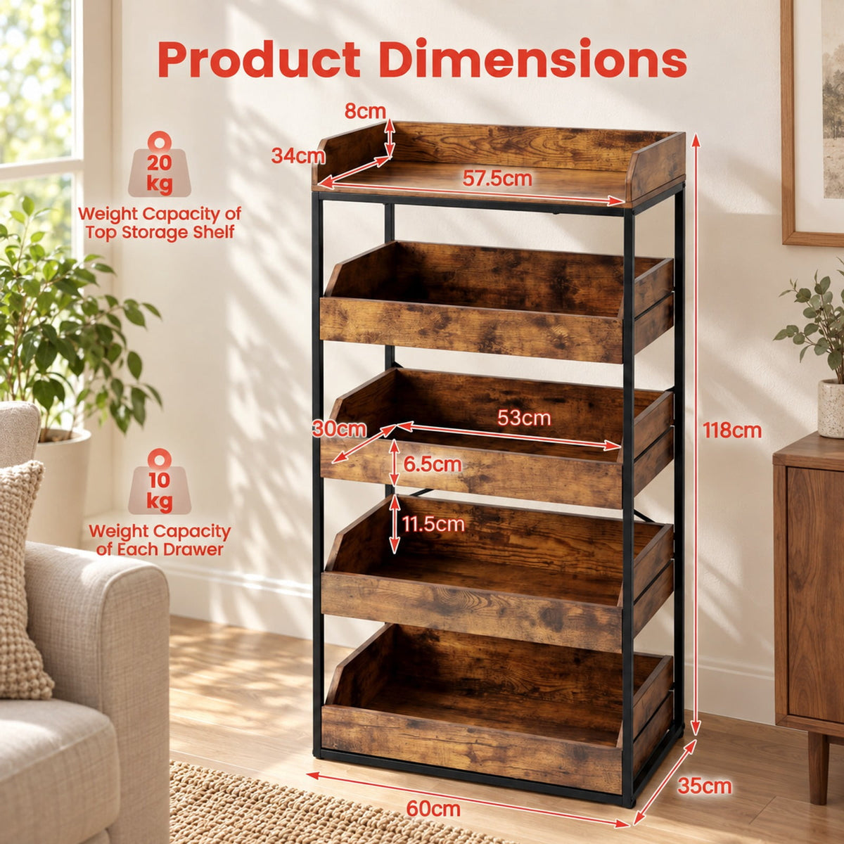 Airfind 5, Tier Food Storage Rack with 4 Pull, out Drawers and Adjustable Feet, Rustic Brown, Assembly needed, for Everyday Home Use