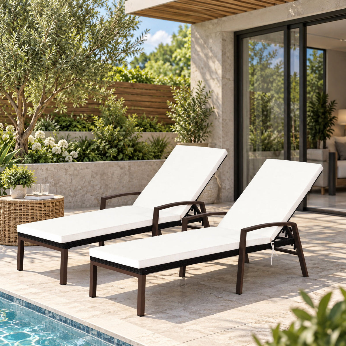 Airfind 2 Pieces Patio Rattan Adjustable Back Lounge Chair with Armrest and Removable Cushions, 400 lbs Capacity, Steel Rattan Frame, White