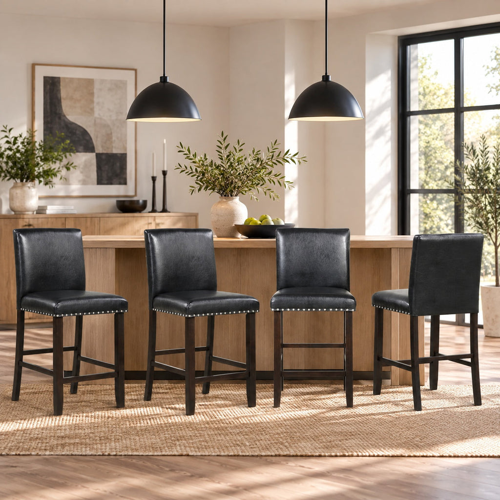 Airfind Set of 2 PVC Leather Bar Stools with Back for Kitchen Island, 245 lbs Capacity, Linen fabric(Gray)/PVC Leather(Black) LVL Frame