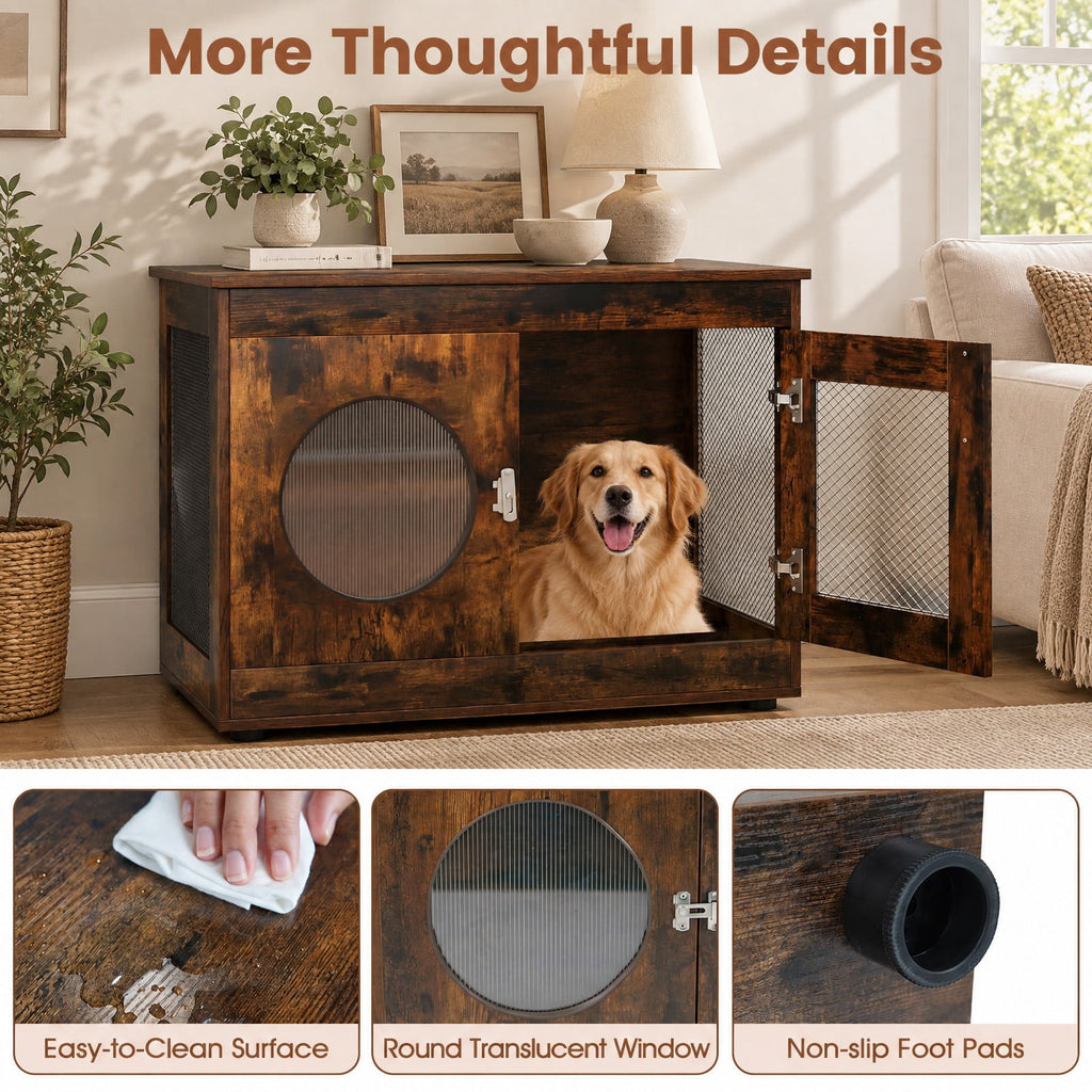 Airfind Furniture Style Dog Crate for Small and Medium Dogs with Translucent Window and Lockable Door, 88 lbs Capacity, Brown