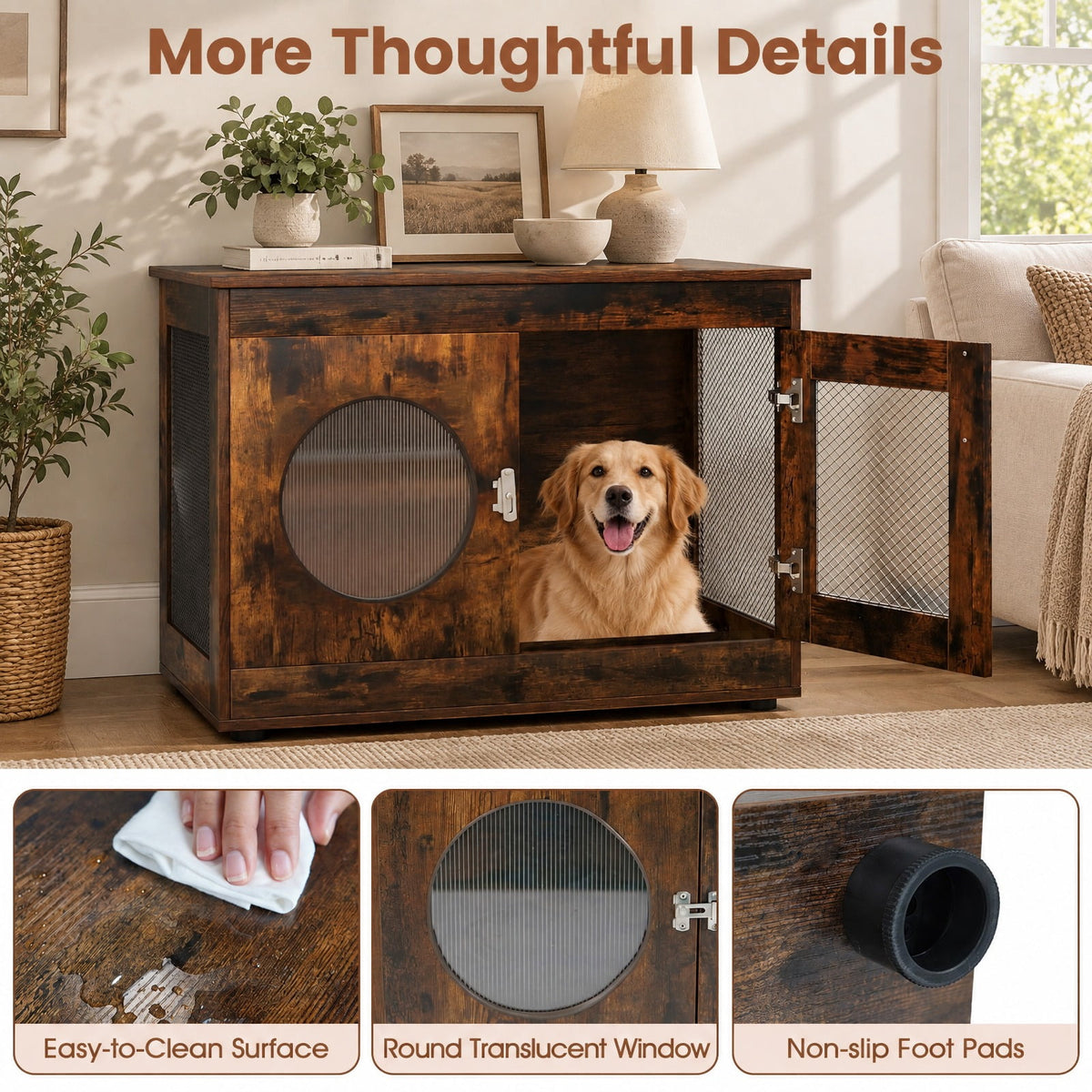 Airfind Furniture Style Dog Crate for Small and Medium Dogs with Translucent Window and Lockable Door, 88 lbs Capacity, Brown