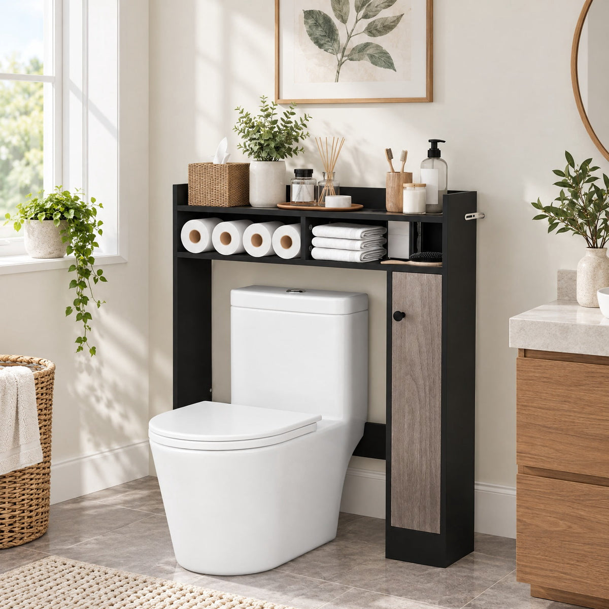 Airfind Bathroom Over the Toilet Floor Storage Organizer with Adjustable Shelves, 100 lbs Capacity, MDF Engineered Wood Frame, Black