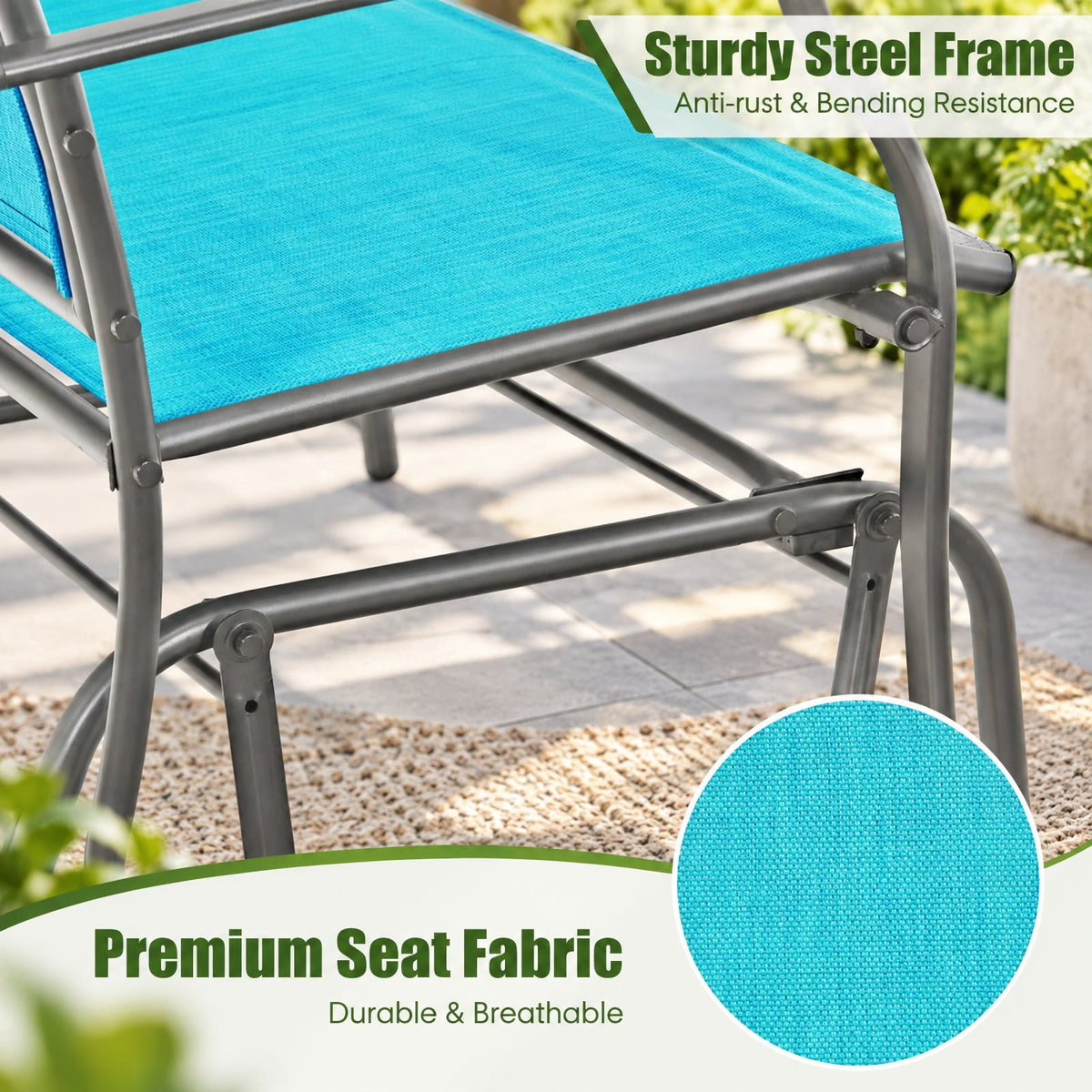 Airfind Iron Patio Glider Loveseat for Outdoor Backyard, 396 lbs Capacity, Steel and textilene Frame, 41.3 x 28.1 x 36.6 Footprint, Turquoise