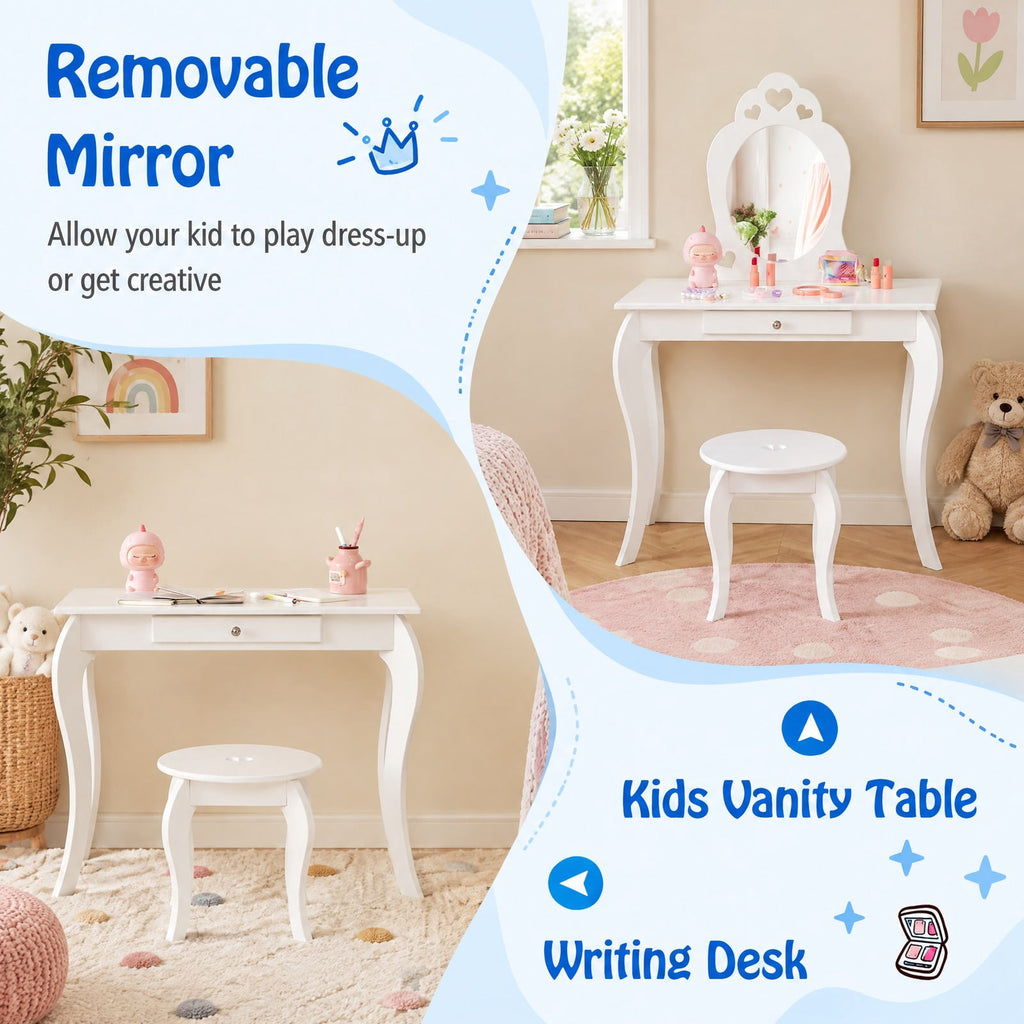 Airfind Kids Princess Makeup Dressing Play Table Set with Mirror, 33 lbs Capacity, MDF pine Frame, 27.5 Inch x 13.5 Inch x 41.5 Inch Footprint, White