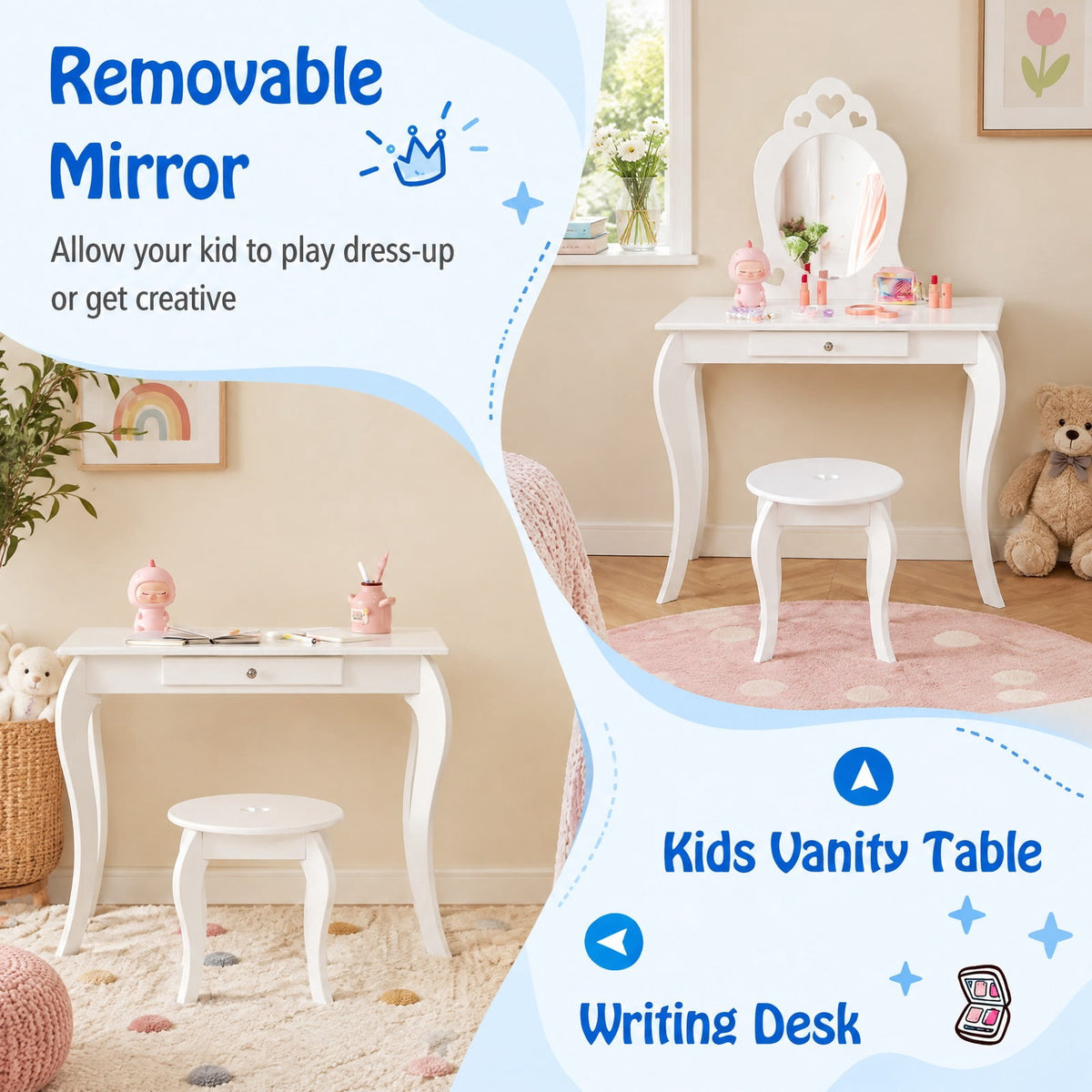 Airfind Kids Princess Makeup Dressing Play Table Set with Mirror, 33 lbs Capacity, MDF pine Frame, 27.5 Inch x 13.5 Inch x 41.5 Inch Footprint, White