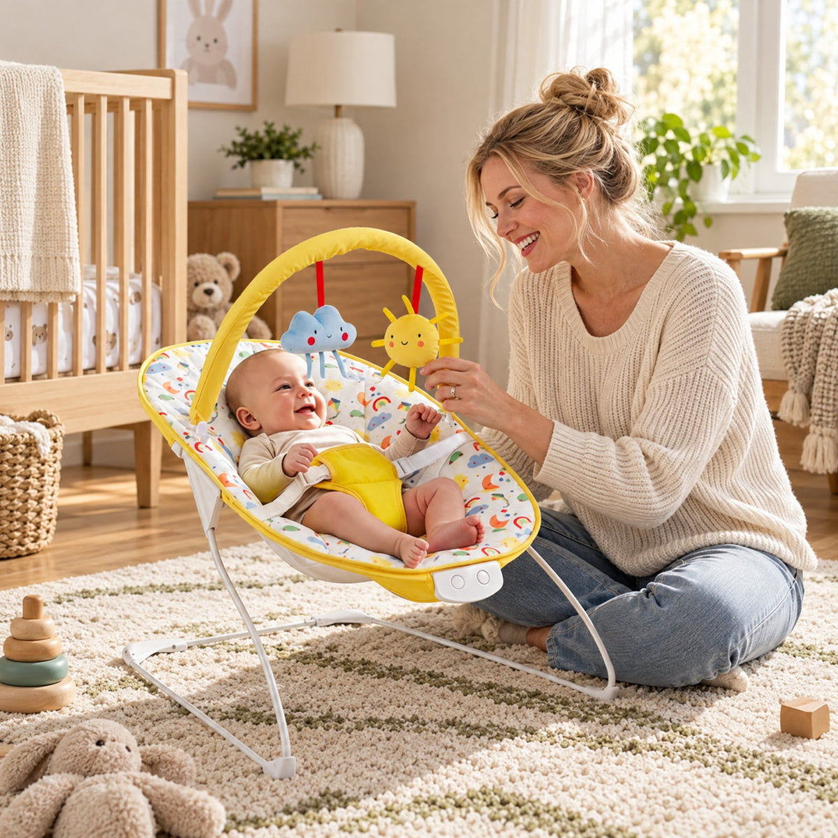 Airfind Portable Nursery Bouncer, Nursery Rocker Seat with Detachable Toy Bar, 20 lbs Capacity, Peach Velvet Fabric Polyester Metal ABS TPE, Yellow