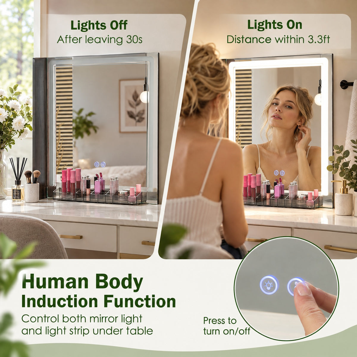 Airfind Vanity Makeup Table Set with Lighted Mirror, 330 lbs Capacity, MDF glass steel Frame, 31.5in x 15.5in x 51in Footprint, Brown