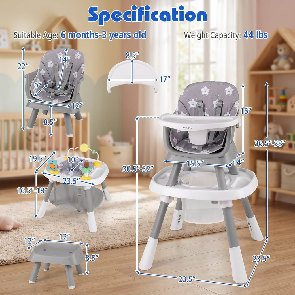 Airfind 16-in-1 Baby High Chair with Activity Center and Booster Seat for Babies and Toddlers, 44 lbs Capacity, Metal Frame, Grey