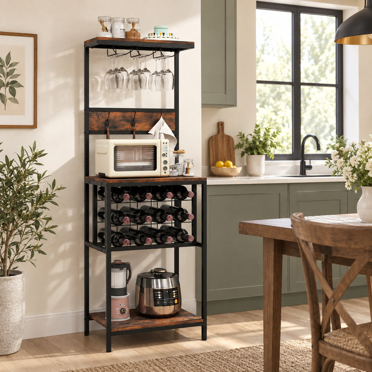 Airfind Freestanding Wine Rack Floor Wine Bar Cabinet with Glass Racks, 200 lbs Capacity, Engineered Wood Metal Frame, Brown