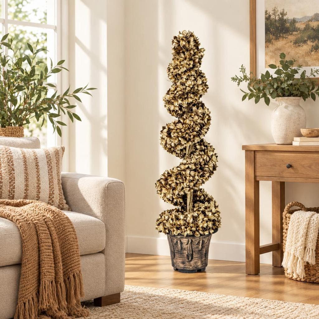 Airfind 4 FT Artificial Topiary Spiral Tree Set of 2 with Vintage Plastic Nursery Pot, PE Metal Cement Foam Tree Height 47 Flower Pot Frame, Gold