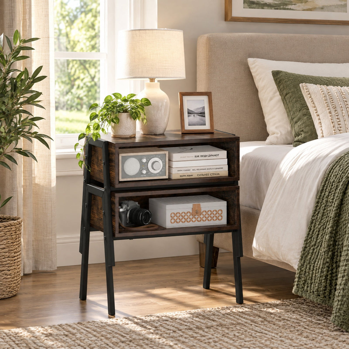 Airfind 2 Pieces Stackable Night Stand Bedside End Table Set, 66 lbs Capacity, Steel Frame, 21 x 14 x 18 Footprint, Brown
