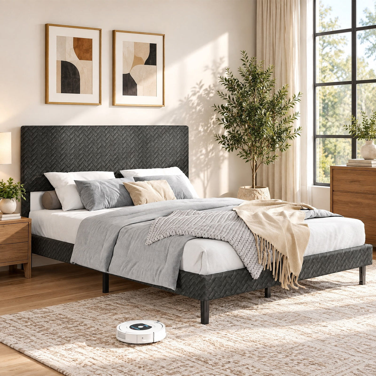 Airfind Twin/Full/Queen Size Velvet Bed Frame Upholstered Platform Bed with Chevron Headboard Gray, 500 lbs Capacity, Velvet Frame, Gray