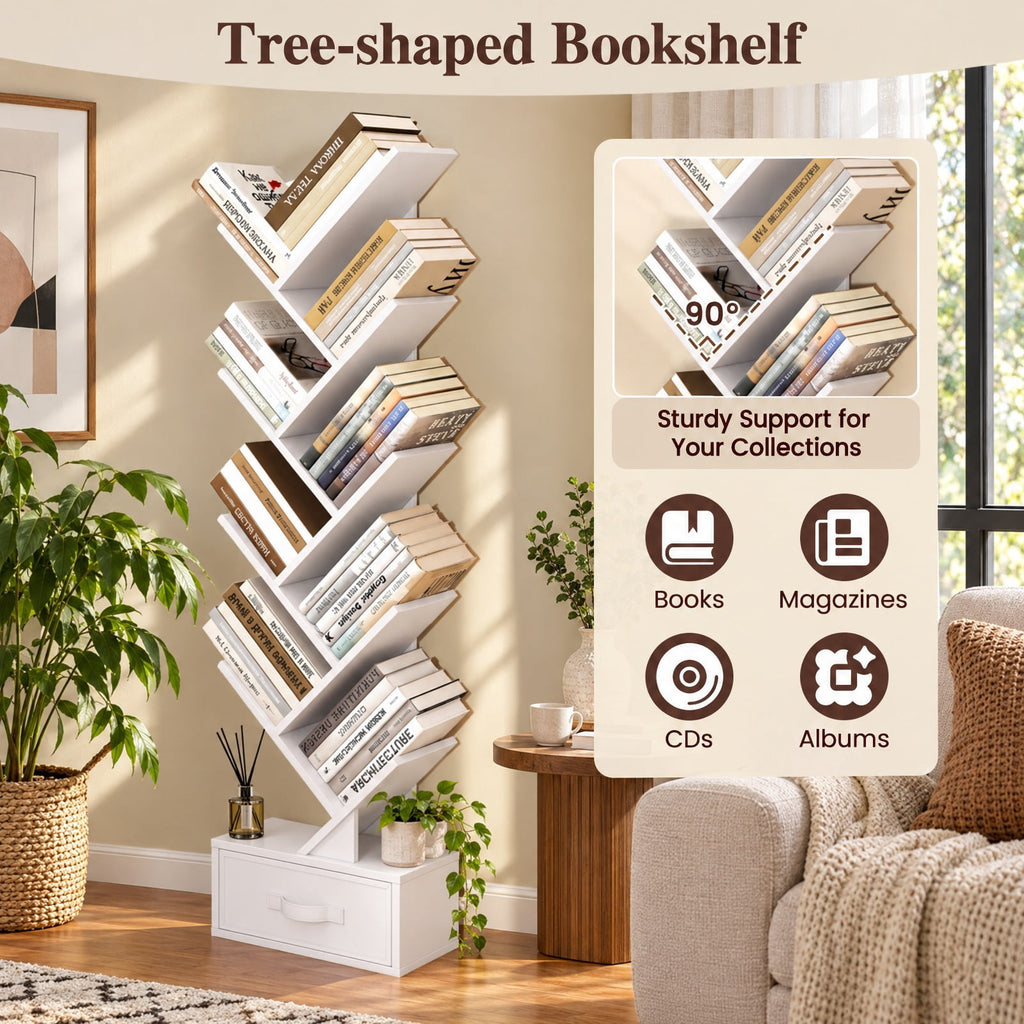 Airfind 10-Tier Bookshelf with Drawer Free-standing Storage Bookcase, 26.5 lbs Capacity, 13 x 7 x 5.5 (L x W x H)Overall Footprint, White