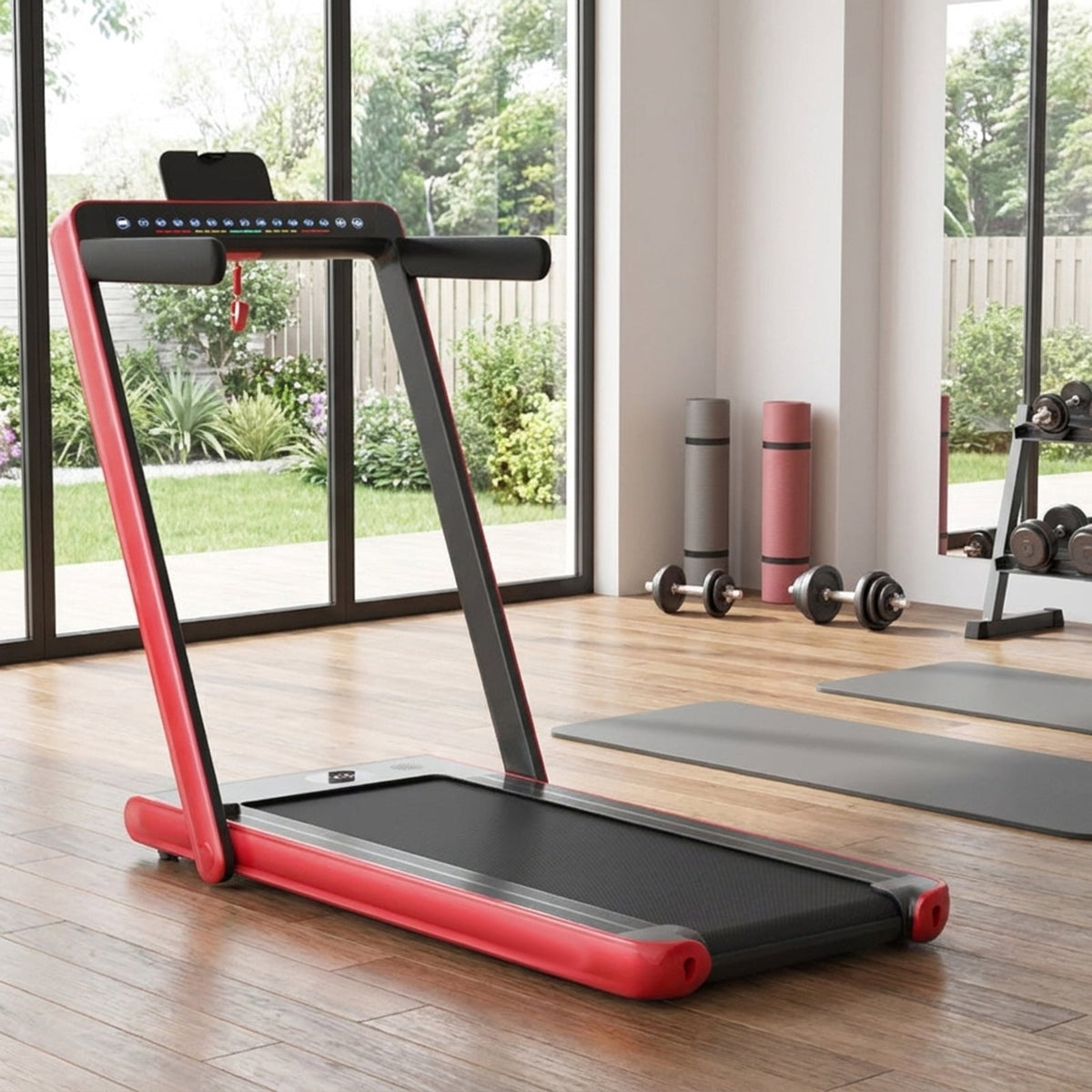 Airfind 2-in-1 Walk-to-Run Folding Treadmill for home with audio console and app sync plus cushioned belt for small spaces, Red