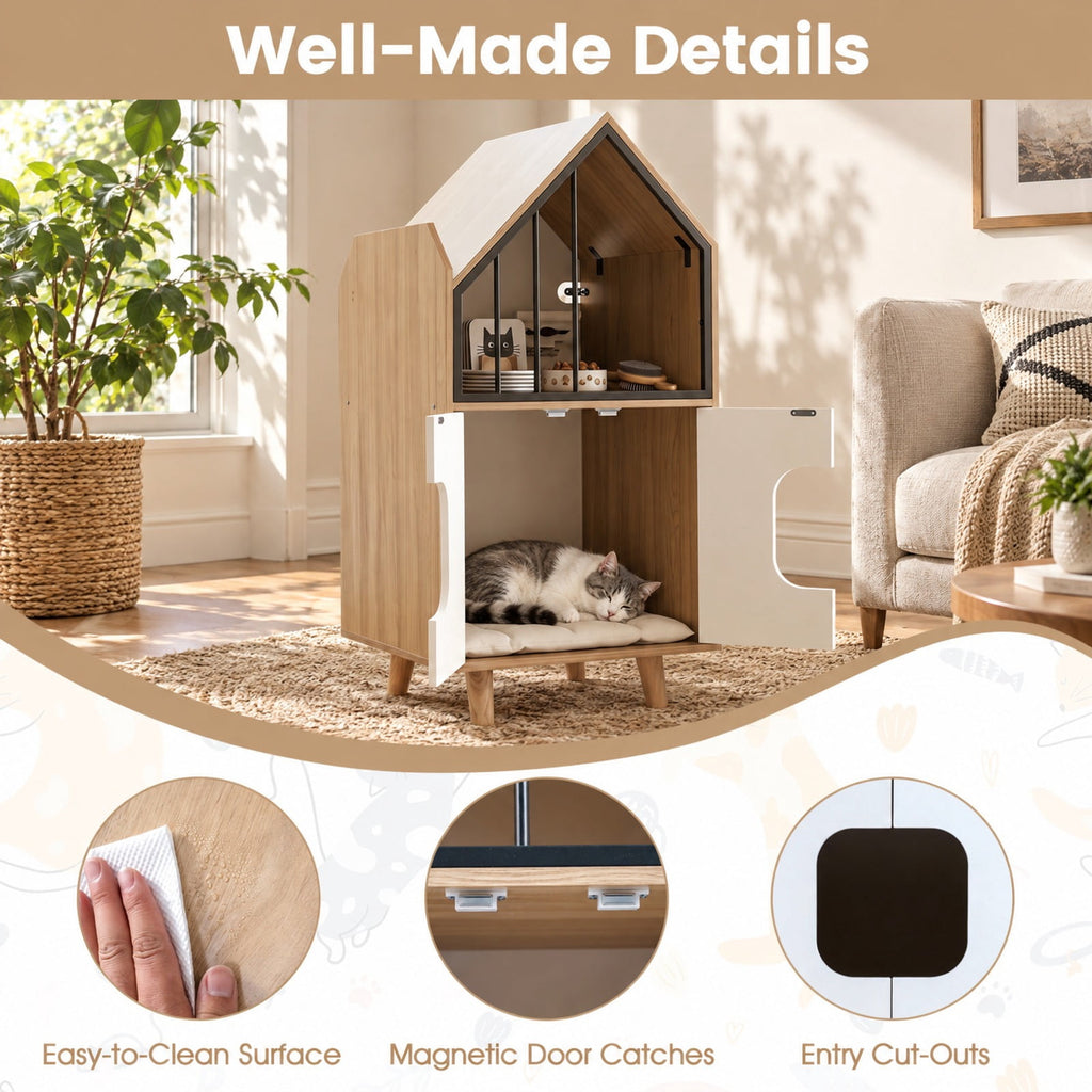 Airfind Cat Litter Box Enclosure, with Shelf and 2 Doors Wooden House, 44 lbs Capacity, Engineered Wood Rubber Wood Metal Frame, Natural