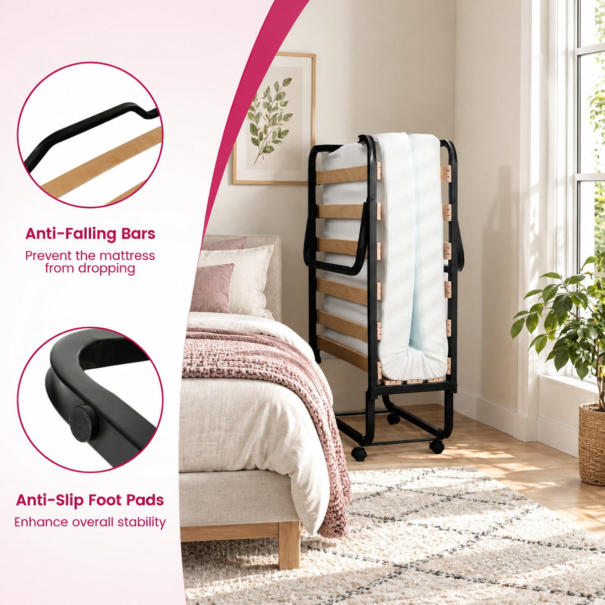 Airfind Rollaway Folding Bed with Memory Foam Mattress Made in Italy, 265 lbs Capacity, Steel wood memory foam polyurethane Frame