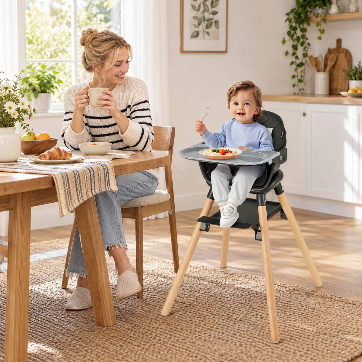 Airfind 6 in 1 Convertible Highchair with Safety Harness and Removable Tray, PP PU Beech Frame, 24.5 x 23 x 35.5 Footprint, Black