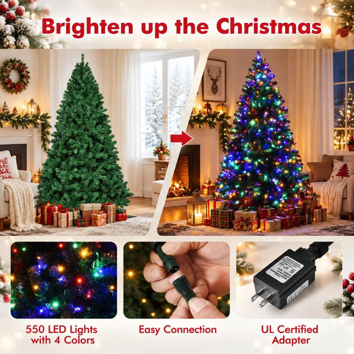 Airfind 7.5 Feet Pre-Lit Artificial Spruce Christmas Tree with 550 Multicolor Lights for Festival, PVC Frame, Φ4.4 x 7.5 H Footprint, Green