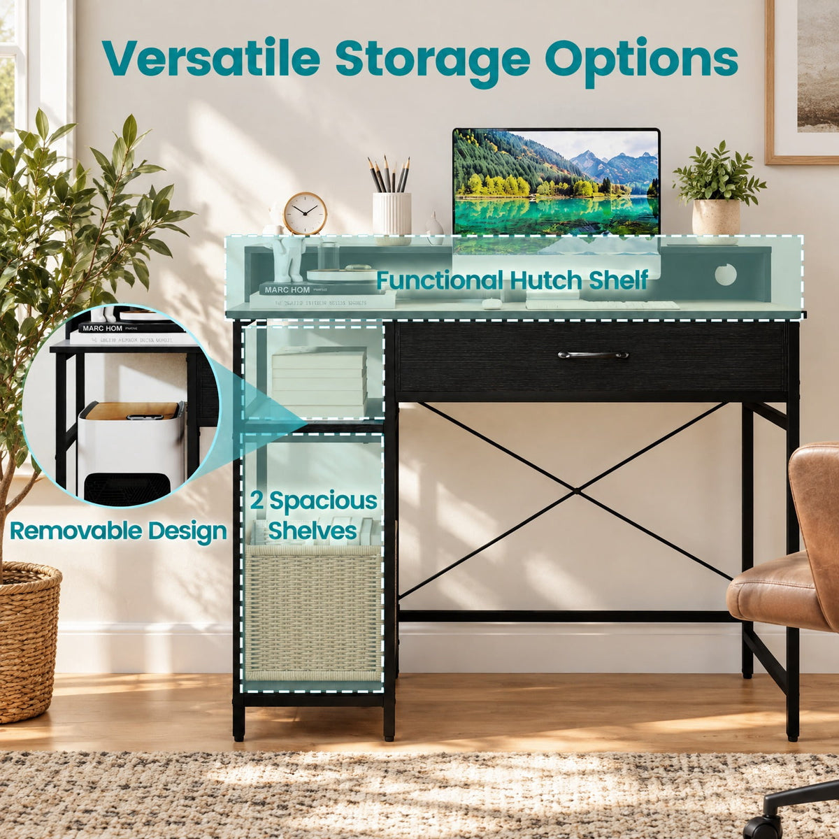 Airfind Computer Desk with Power Outlets 42inch Writing Desk with Hutch Drawer and 2 Open Shelves, 110 lbs Capacity, Engineered Wood Metal Frame
